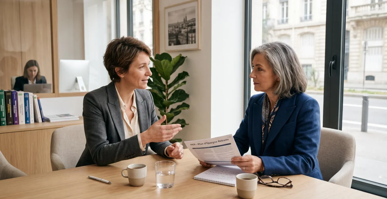 Conseillère financière consultant une femme d'une cinquantaine d'années au sujet de la planification de l'épargne retraite dans un bureau de conseil moderne en France