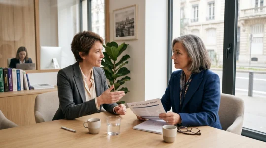 Conseillère financière consultant une femme d'une cinquantaine d'années au sujet de la planification de l'épargne retraite dans un bureau de conseil moderne en France