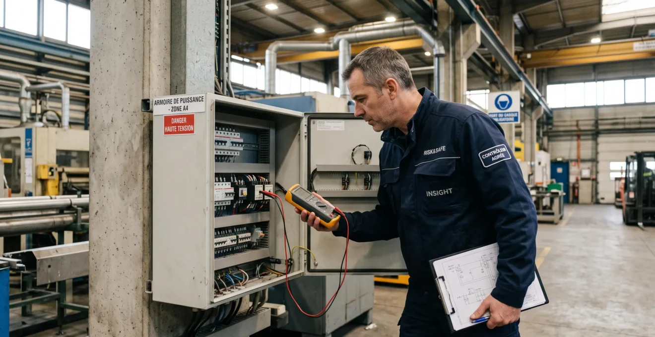 Expert technique inspectant un tableau de contrôle industriel avec un appareil de mesure dans une installation industrielle française