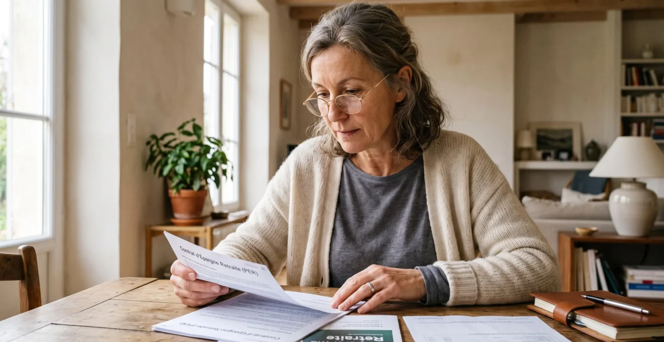 Femme d'une cinquantaine d'années lisant des documents d'épargne retraite à domicile avec concentration