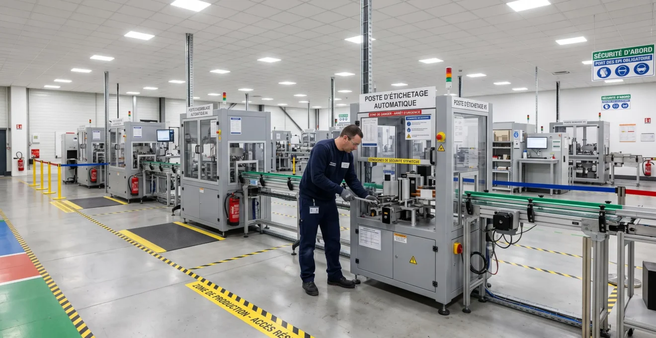 Ligne de production industrielle standardisée avec équipements conventionnels et marquages de sécurité dans une usine française moderne